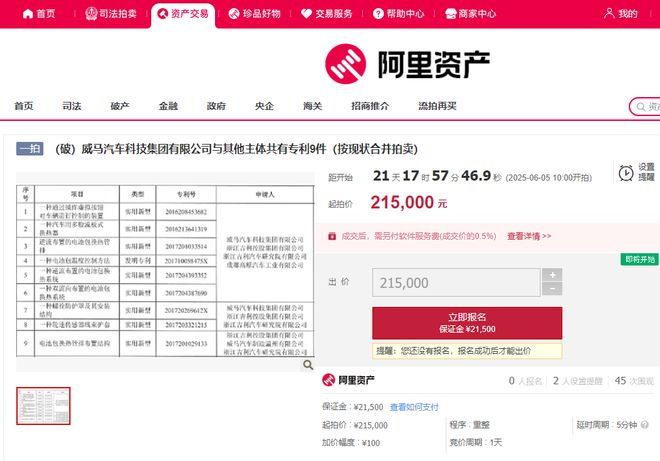 威马汽车名下专利即将被拍卖，起拍价21.5万元