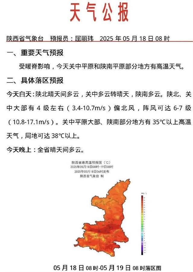 高温黄色预警，局地40℃以上！陕西继续发布大风蓝色预警，注意防范→