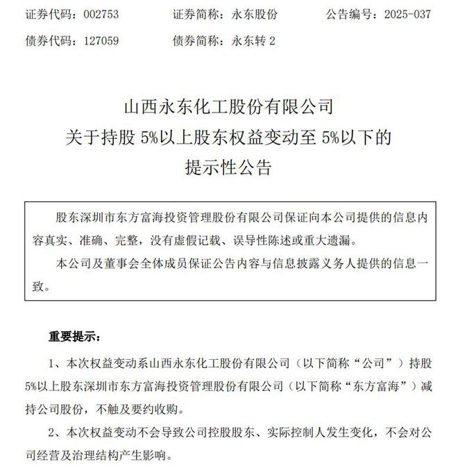 永东股份第三大股东掉出减持降至5%以下，月初刚刚减持过