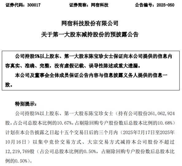 接力套现？继五名高管组团减持后，网宿科技第一大股东陈宝珍拟减不超1222万股