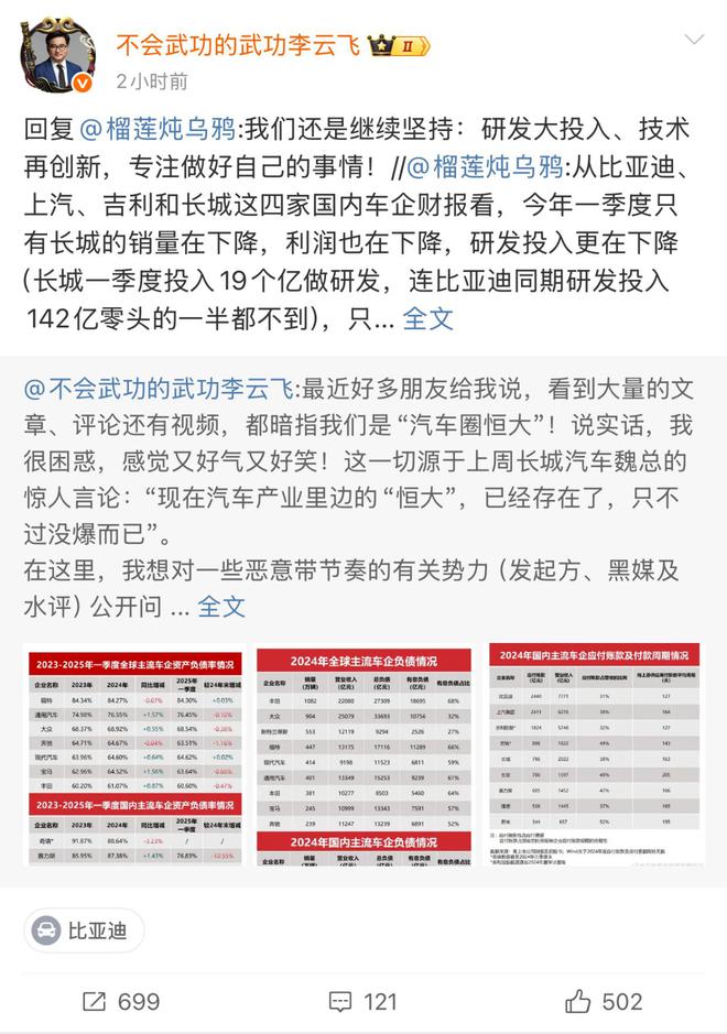 车企高负债=下一个恒大？比亚迪李云飞正面回应唱衰言论